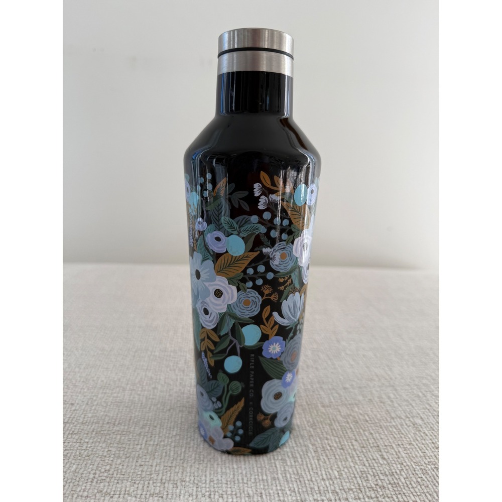 Rifle Paper Co. x Corkcicle Steel Sports Black Blue Floral Water Bottle 16oz